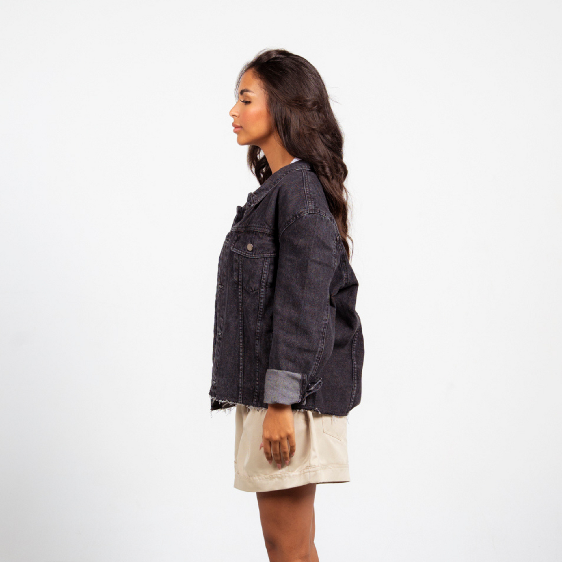 ANA CAI relaxed fit denim jacket in 100% rigid cotton with dropped shoulders and hip-length silhouette