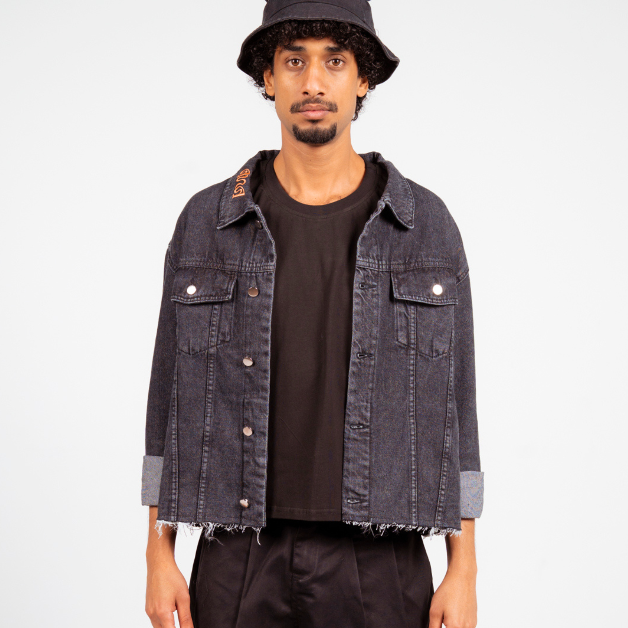 ANA CAI relaxed fit denim jacket in 100% rigid cotton with dropped shoulders and hip-length silhouette