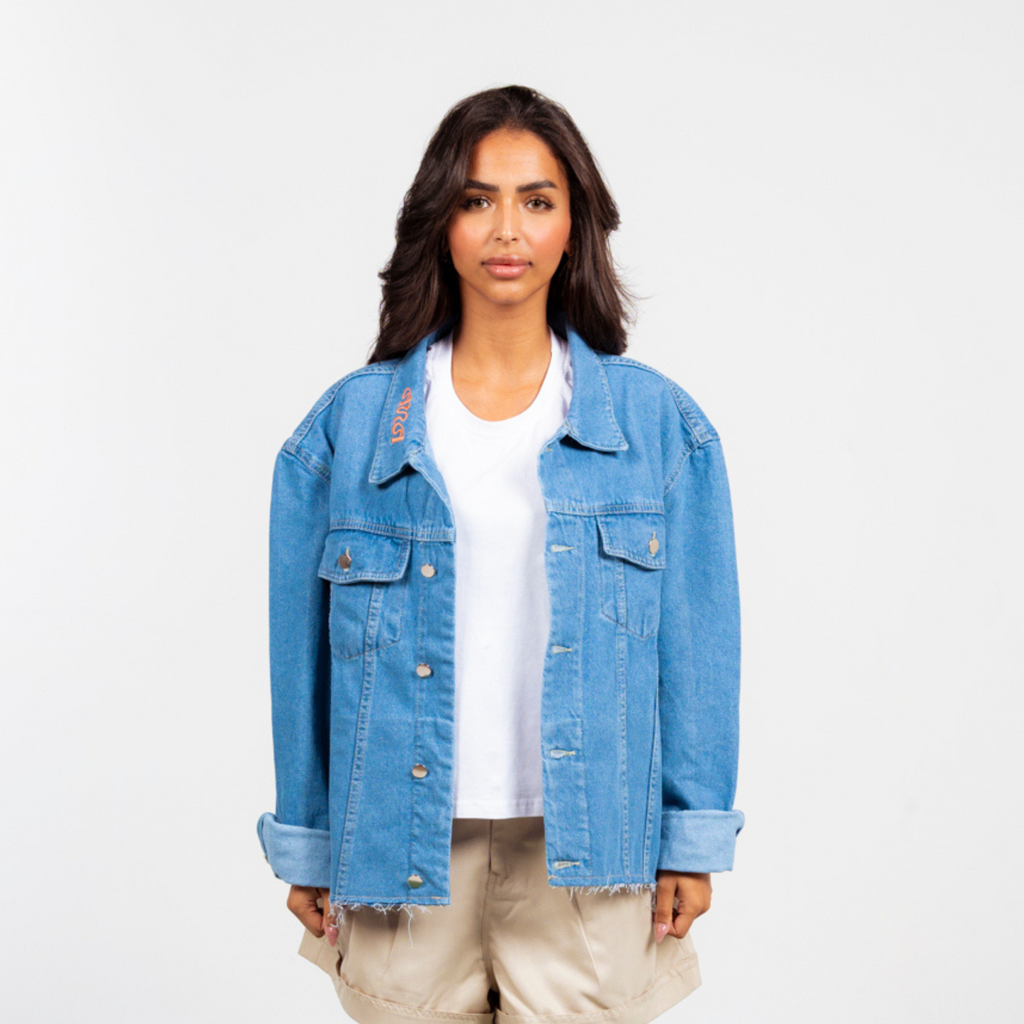 ANA CAI oversized unisex denim jacket in 100% cotton with dropped shoulders, relaxed fit, and classic indigo wash