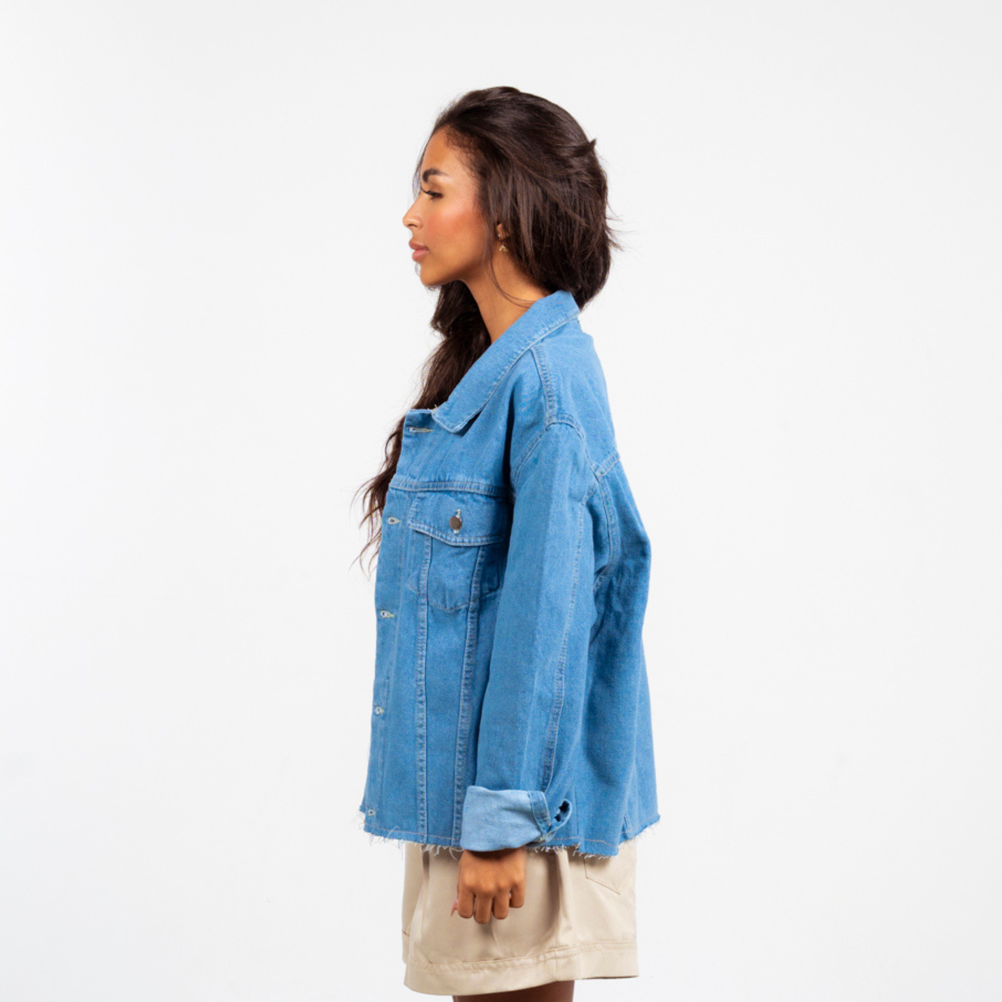 ANA CAI oversized unisex denim jacket in 100% cotton with dropped shoulders, relaxed fit, and classic indigo wash